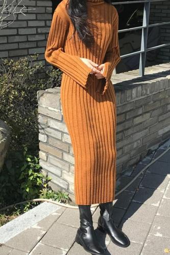 Casual Simple High   Collar Shown Thin Thickening Sweater Knitted Maxi Dress