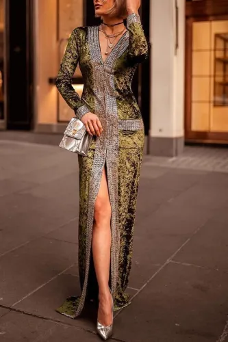 Elegant Fashion Slim Color Block Long Sleeve Fork Evening Dress