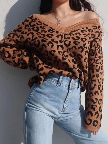 Leopard Brown V-Neck Women's Sweater