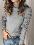 Stand Collar Paneled Long Sleeve Shirred Sweaters