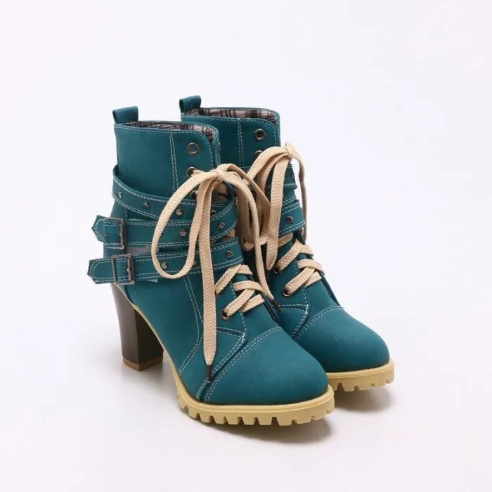 Women Lace Up Booties Casual Comfort Chunky Heel Shoes