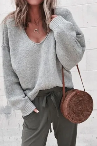 Fashion Casual V Neck Plain Loose Fitting Sweater