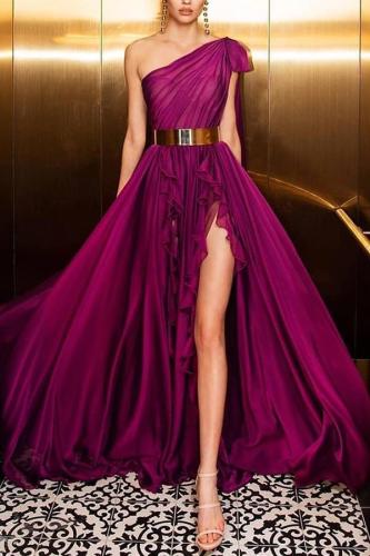 Elegant Irregular Belted Ruffled Sloping Shoulder Evening Dress
