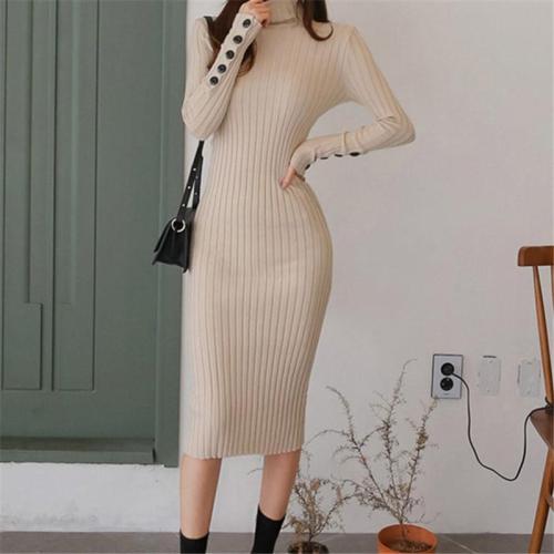 Casual Sexy High   Collar Pure Color Knitted Sweater Maxi Dresses