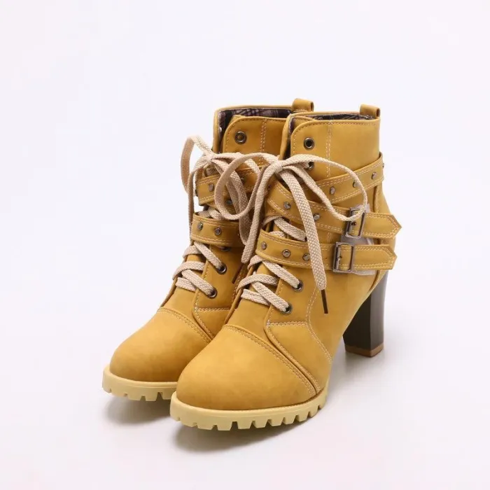 Women Lace Up Booties Casual Comfort Chunky Heel Shoes