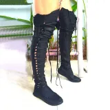 Women PU Booties Casual Lace Up Knee Length Flat Shoes