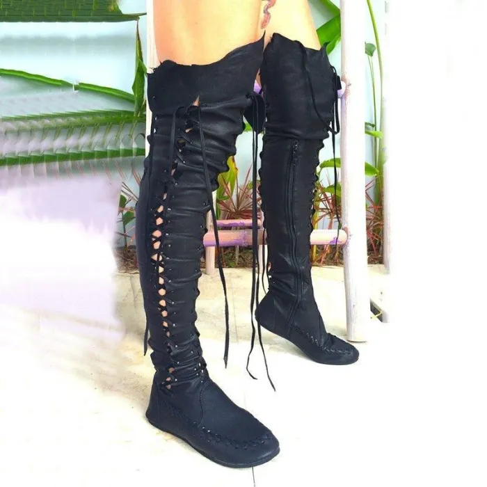 Women PU Booties Casual Lace Up Knee Length Flat Shoes