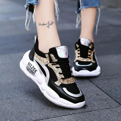 Casual Fashion Paillette Lace-Up Platform Shoes Sneakers