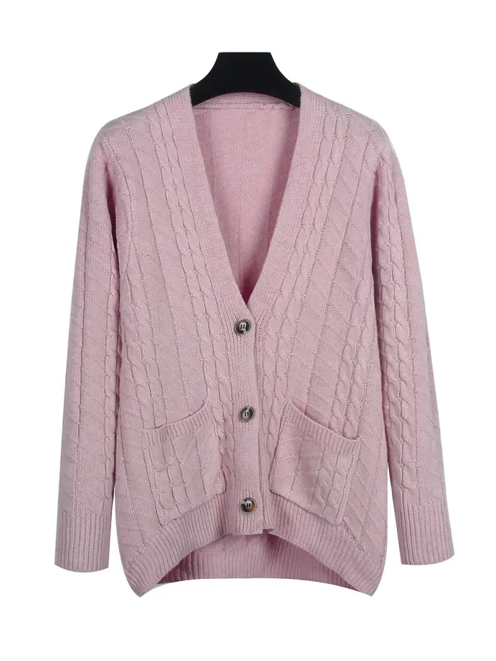 Solid V Neck Button Down Knitted Cardigan