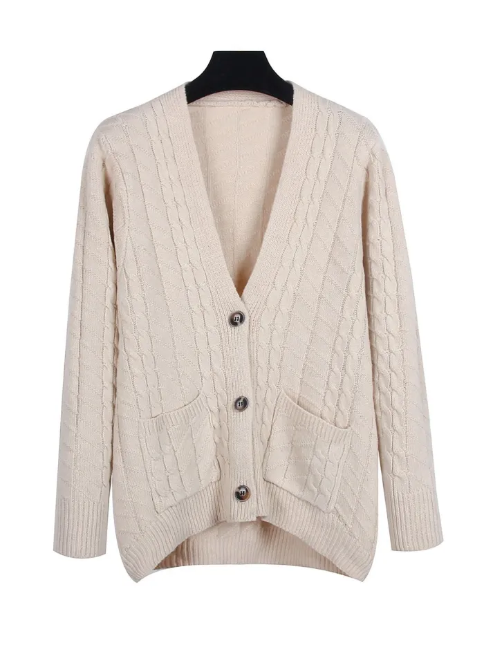 Solid V Neck Button Down Knitted Cardigan