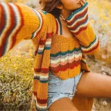 Cute Long Sleeve Printed Color Striped Cardigan