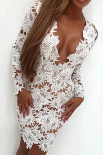 Deep V Neck  Hollow Out Lace Plain Bodycon Dresses