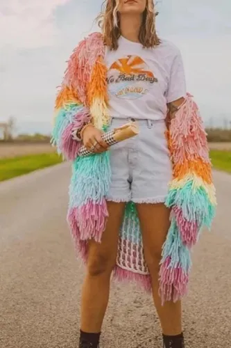 Fashion Colorblock Long Plush Cardigan Coat