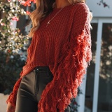Fashion Round Collar Tassels Long Sleeves Plain Knitting Sweater