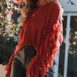 Fashion Round Collar Tassels Long Sleeves Plain Knitting Sweater