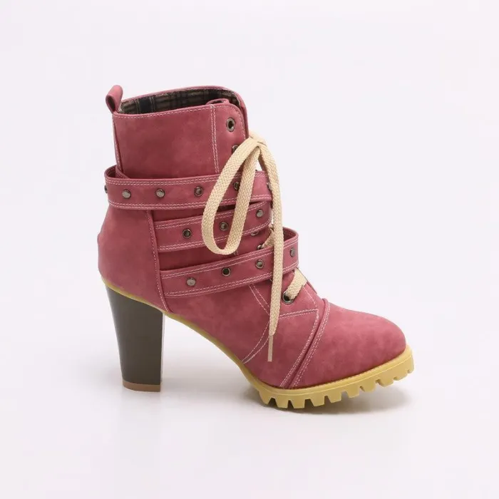 Women Lace Up Booties Casual Comfort Chunky Heel Shoes