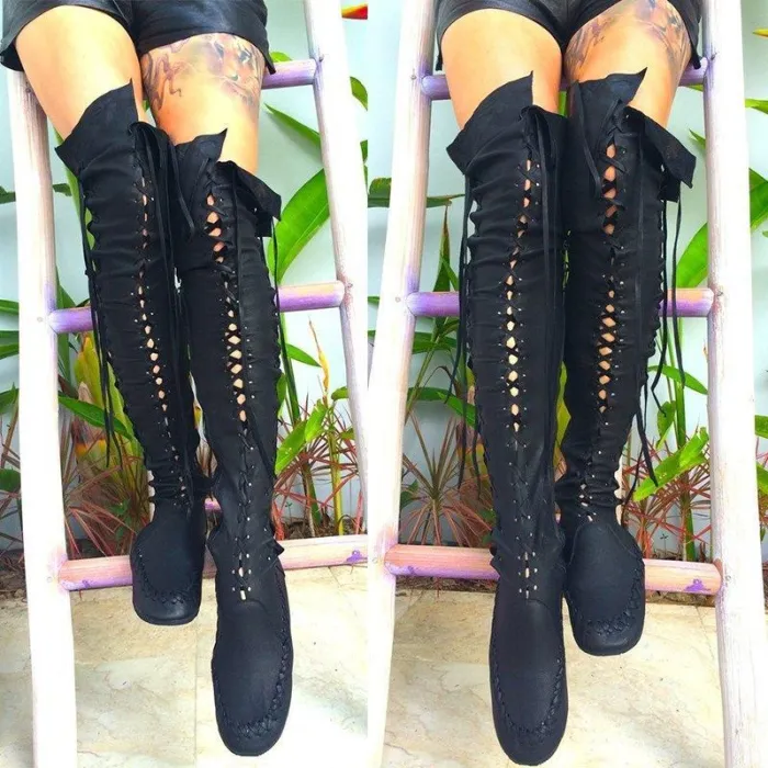 Women PU Booties Casual Lace Up Knee Length Flat Shoes