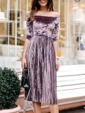 Off Shoulder  Backless Elastic Waist Ruffled Hem  Plain Evening Dresses