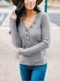 V Neck Casual Buttoned Solid Sweatershirt