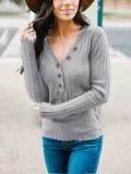 V Neck Casual Buttoned Solid Sweatershirt