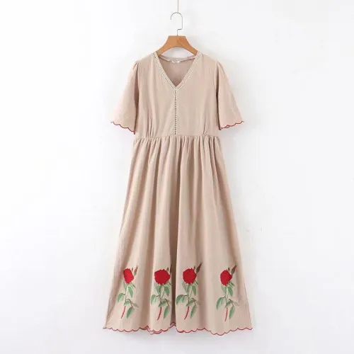 Floral embroidery short sleeve beach Bohemian linen cotton maxi dress