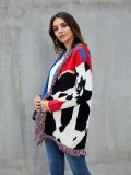 Red Shawl Collar Fringed Embroidered Cardigan