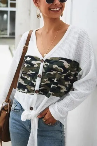 Casual Camouflage Print Knotted Knit  T-Shirt Cardigan
