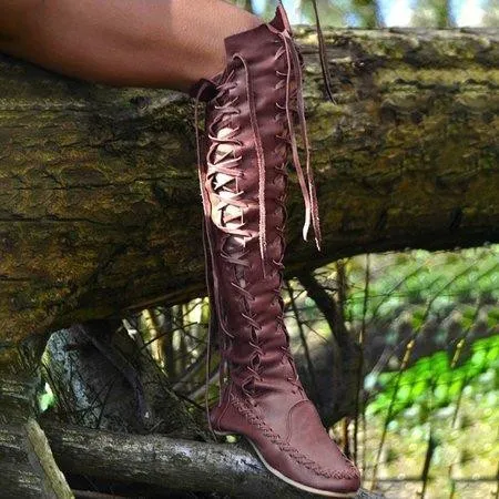 Women PU Booties Casual Lace Up Knee Length Flat Shoes