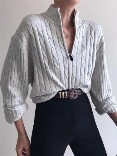 Casual Zipper Short High Collar Twist Knit Rib Pullover Sweater
