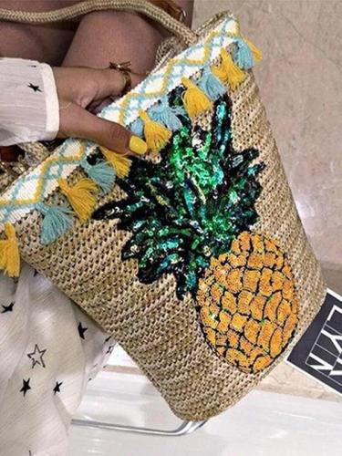 Pineapple Print Tassel Zipper Woven Straw Tote Bag