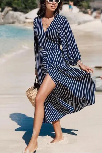 Fashion V Collar Striped Lantern Sleeve Dual Purpose Dustcoat Maxi Dress