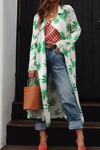Fashion Fold Collar Collar Print Long Cardigan