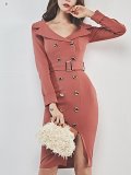 Fashion Turndown Collar Pure Colour Bodycon Dresses
