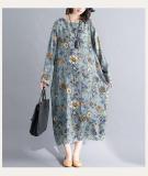 Autumn cotton linen vintage floral long sleeve women loose dress