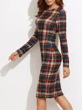 Round Collar Lattice Long Sleeve Package Hip Bodycon Dress
