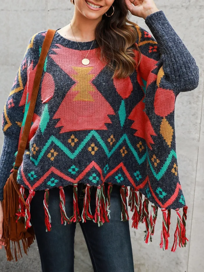 Multicolor Long Sleeve Tribal Fringed Cotton-Blend Sweaters