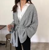 Fashion Loose Pure Colour Belted Sweater Cardigan