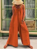 Casual Solid Sleeveless Spaghetti Jumpsuit Wide Leg Pants