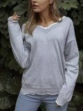 Long Sleeve Solid V Neck Knitted Sweaters