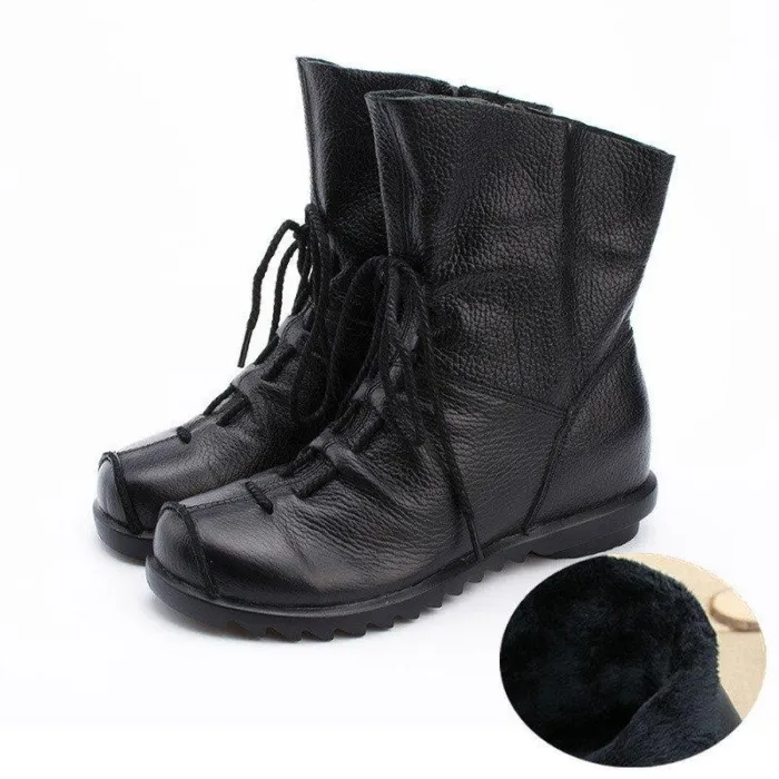 Big Size Pure Color Lace Up Ankle Leather Comfortable Zipper Boots