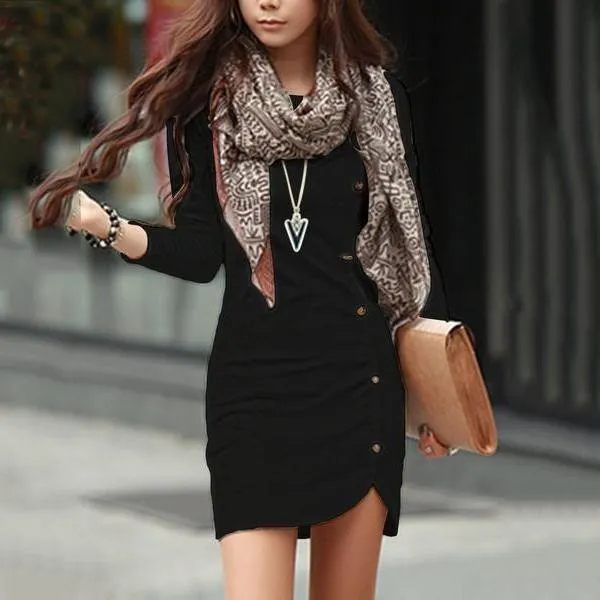 Round Neck Plain Decorative Button Slit Bodycon Dresses