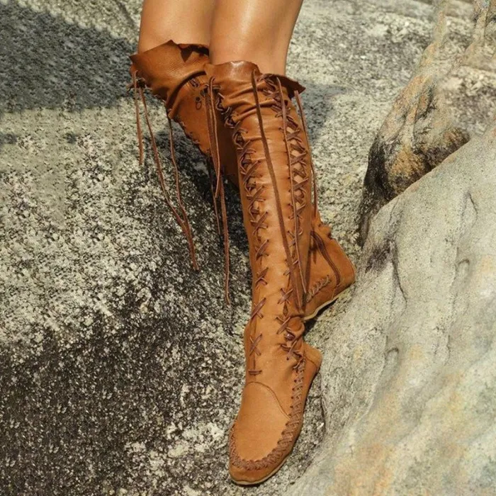Women PU Booties Casual Lace Up Knee Length Flat Shoes