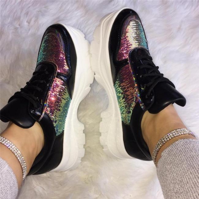 Fashion Paillette Lace-Up Platform Shoes Sneakers