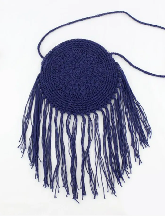 Women Hand-Woven Straw Shoulder Bag Tassel Beach Bag Handbag