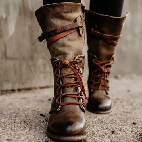 Vintage Women Lace-up Boots Adjustable Buckle Faux Leather Low Heel Boots