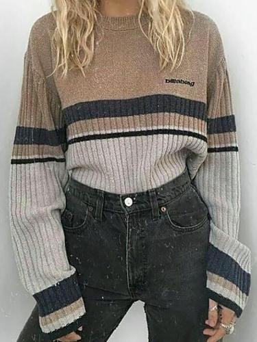 Casual Round Neck Contrast Striped Sweater