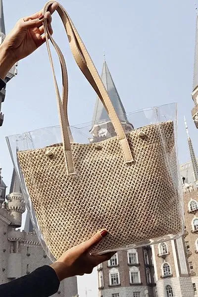 Women's Causal Snap PVC Woven Straw Tote Bag
