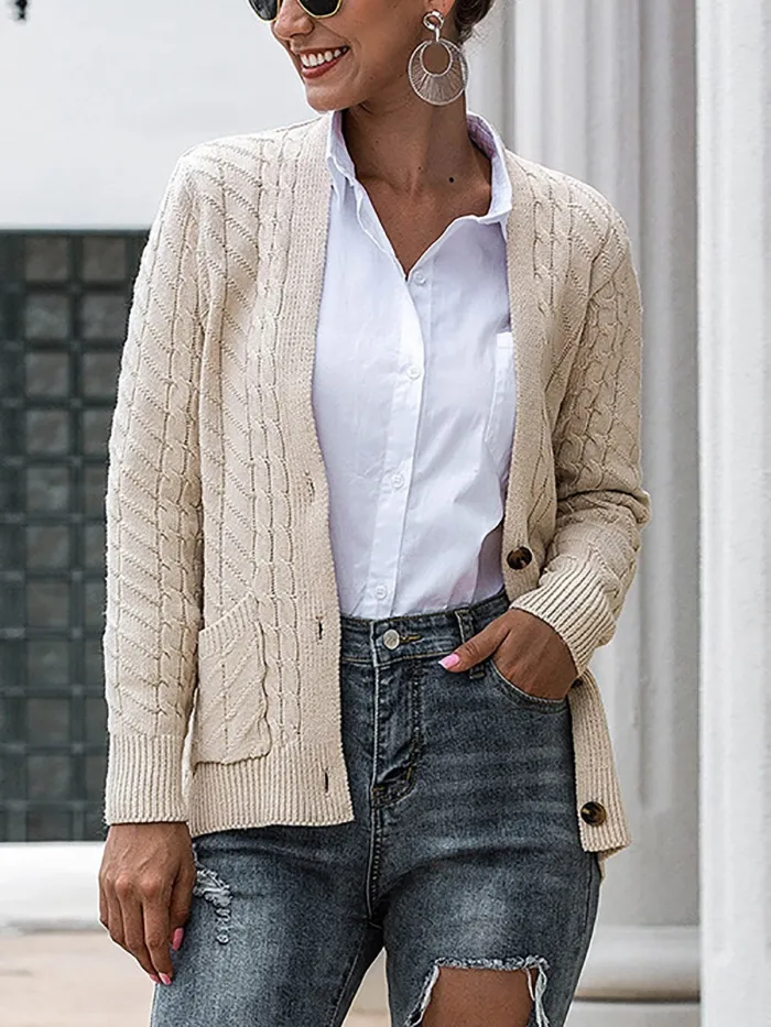 Solid V Neck Button Down Knitted Cardigan
