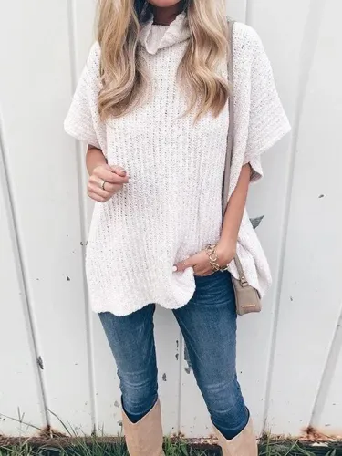 Turtle Neck Half Sleeve Loose Fashion Plain Knitting Sweaters