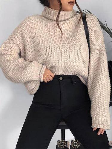Simple Turtlneck Long Sleeve Loose Solid Color Sweater